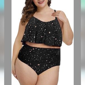 New High Waist Tankini Midkini Bikini Black w/ Stars Size 4X